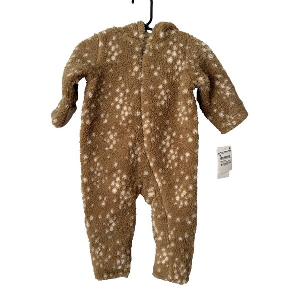 NWT Nordstrom 6M Tan Stock Doe Spots Sherpa Footless Onesie Hood Foldable Cuffs - Picture 1 of 8